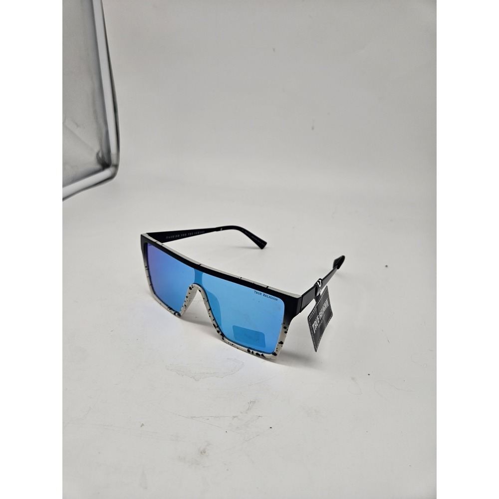 True Religion Men's Shield Sunglasses Black Plastic Frame Blue Mirrored Lens
